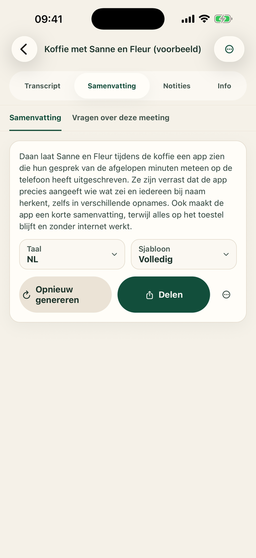 Vocatim op iPhone met de samenvatting van een voorbeeldgesprek